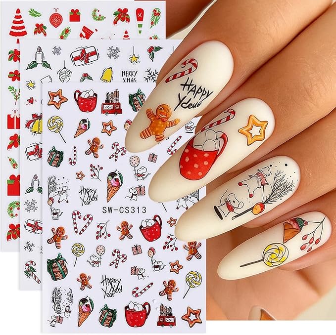 6Pcs Christmas Nail Stickers 3D Self Adhesive Xmas Tree Nails Decals Santa Claus Snowman Socks Snowflake Nails Design Sticker Winter Christmas Nail Art Stickers for Women Holiday Manicure Decor