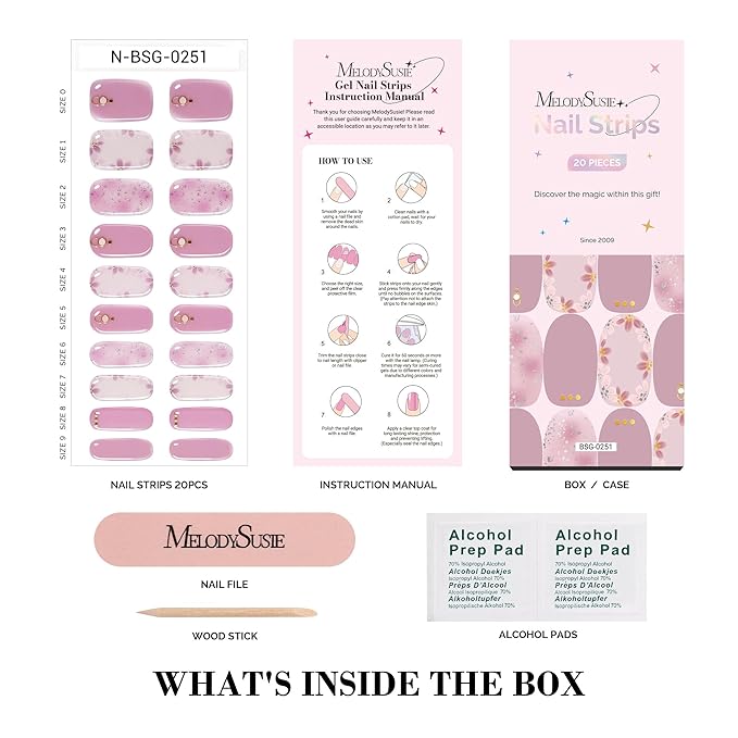 MelodySusie Semi Cured Gel Nail Strips (Pink Petals), 20 PCS Gel Nail Stickers, Flowers Gel Nail Wraps, UV Light Required, Durable and Salon Quality