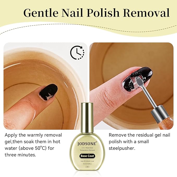 JODSONE 2-in-1 Base Coat – 16.5ml No Wipe, Warmly Removable Foundation for Gel Nail Polish & Tips. U V/LED Cured, Long-Lasting, DIY Use