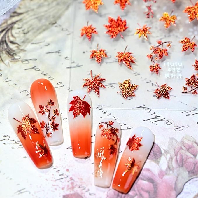 1 Sheets Fall Nail Stickers for Nail Art 5D Self-Adhesive Embossed Maple Leaf Nail Art Stickers Red Autumn Maple Leaves Nail Decals Thanksgiving Nail Design Sticker for Women DIY Manicure