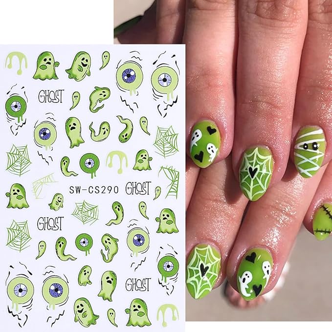 Halloween Nail Art Stickers 3D Self-Adhesive Nail Decals Nail Art Supplies 8PCS Pink French Flame Pumpkin Spider Web Ghost Eyeball Halloween Nails Adhesive Sliders for Women DIY Manicure Decorations