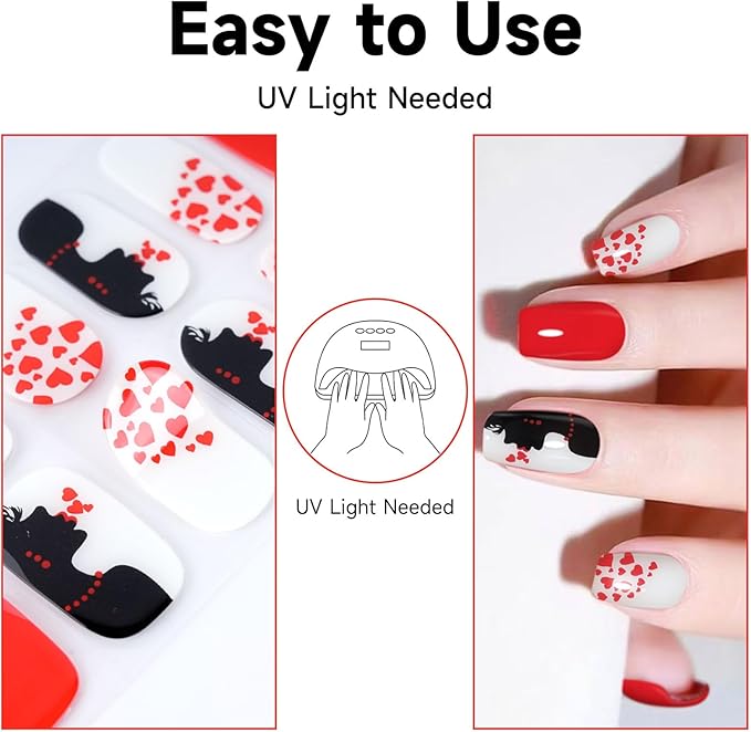 Semi Cured Gel Nail Strips, 28 pcs Gel Nails Stickers for Women Wedding Party Work with Any UV Lamp, Long Lasting Nail Wraps for Home DIY Nails Art (Love Kisses)
