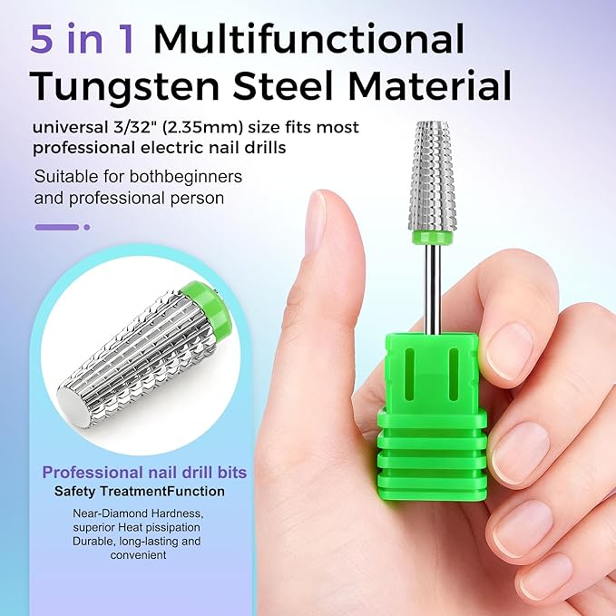 Fantexy 5 in 1 Nail Drill Bits,Professional 3/32" Shank Tungsten Steel Bits for Acrylic Nails,Manicure,Nail Art,Drill Machine,Both Left and Right Handed - Two Way Rotate Use (Coarse - C)