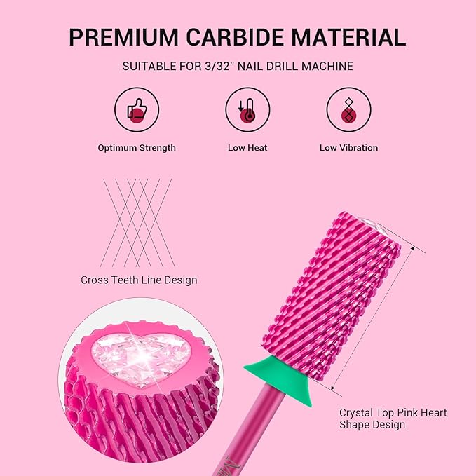 MelodySusie Large Barrel 3/32'' Tungsten Carbide Nail Drill Bit, Crystal Top Pink Heart Shape, Fast Remove Acrylic Gel, Cuticle Gel Polishing for Manicure Pedicure, Pink Blossom, Series Bit-S, Coarse