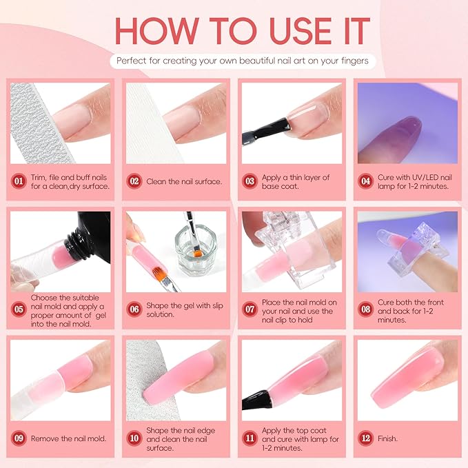 PEACECOLOR Poly Nail Gel Kit with U V Light, 3 Colors Clear Pink Nude 16ML Poly Extension Gel Nail Kit with Slip Solution for Beginners Manicure Tools DIY Home Salon Art Design