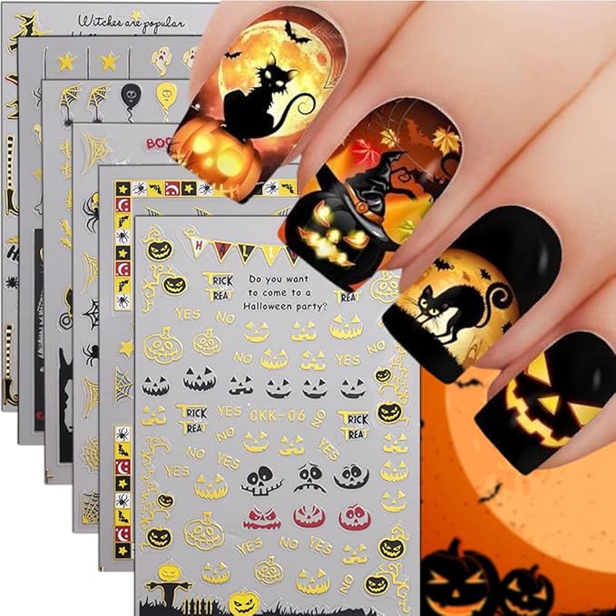 Halloween Nail Stickers Cat Spider Web Ghost Pumpkin Nail Decals 3D Gold DIY Self Adhesive Witch Nail Design Sticker Halloween Nail Decoration Supplies Holiday Manicure Accessories for Women 6Pcs