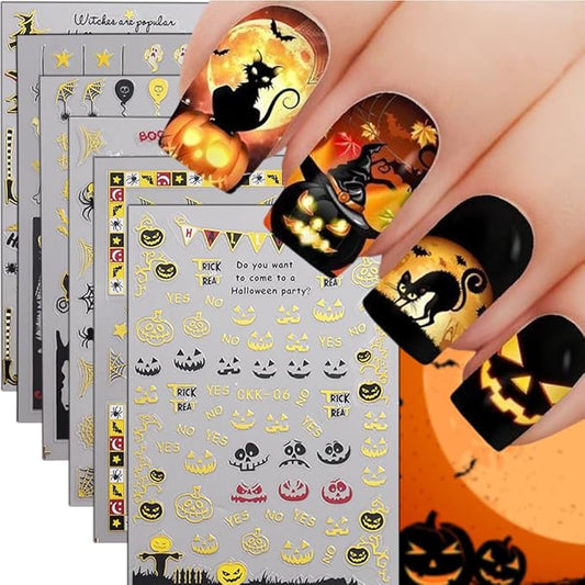 Halloween Nail Stickers Cat Spider Web Ghost Pumpkin Nail Decals 3D Gold DIY Self Adhesive Witch Nail Design Sticker Halloween Nail Decoration Supplies Holiday Manicure Accessories for Women 6Pcs