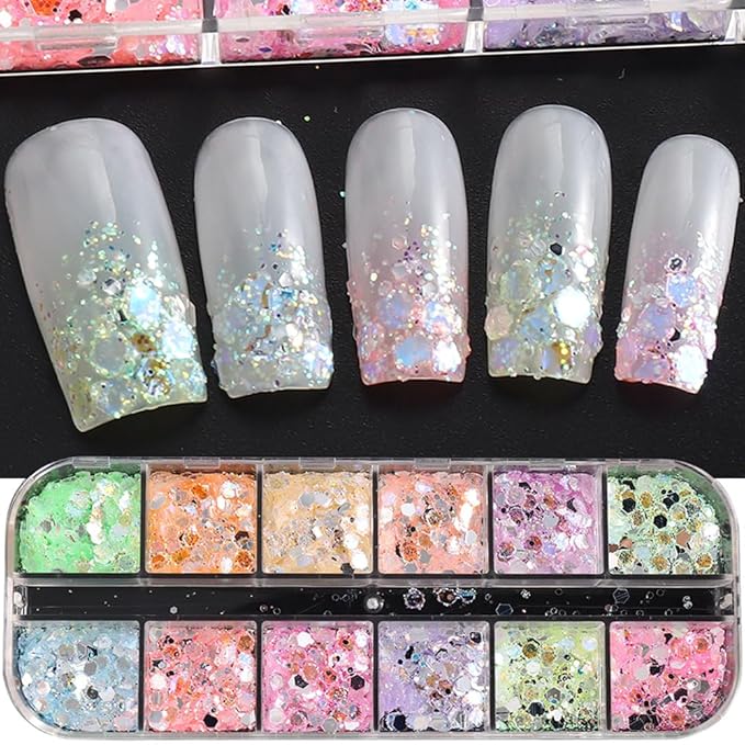 12 Grids Colorful Mermaid Nail Sequin Holographic Nail Art Glitter,Iridescent Nail Art Flake Glitter Decals Glass Paper Design Nail Accessories Acrylic Nails for Women Make Up DIY Nail Decoration