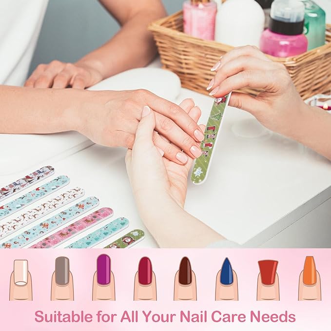 12Pcs Nail Files, Colorful Random Pattern Emery Boards for Nails, Christmas Double Sided Reusable Manicure Pedicure Tools, Fingernail Files for Women Girls Natural & Acrylic Nails
