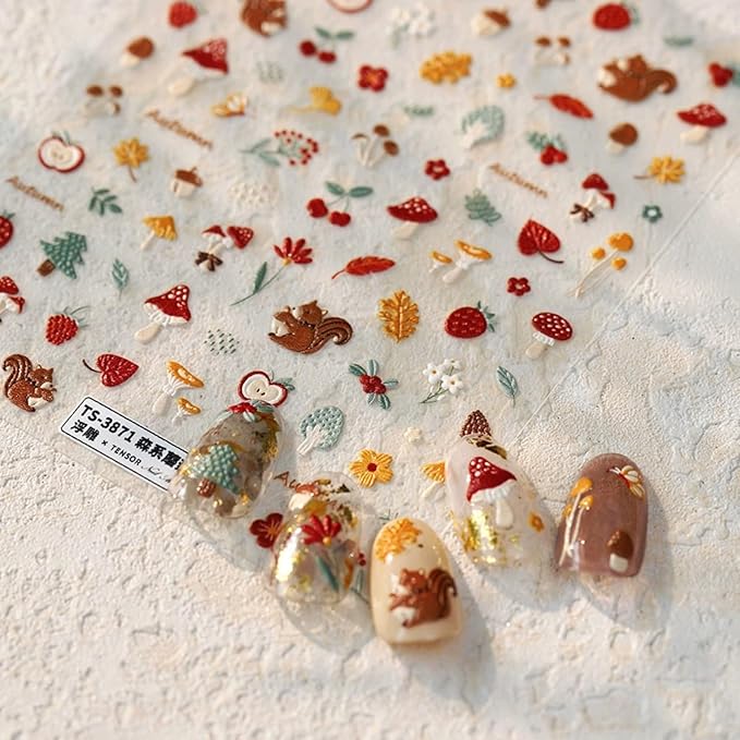 Fall Nail Art Stickers Decals 5D Embossed Autumn Nail Decals Squirrel Maple Leaf Mushroom Fruit Nail Design Stickers Fallen Leaves Nails Art Supplies for Women Thanksgiving Day Manicure Decoration