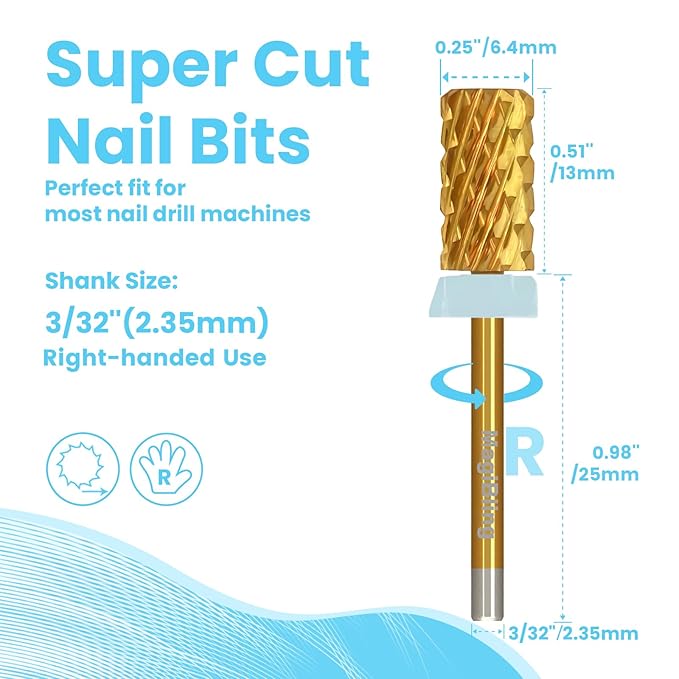Super Cut Large Barrel Nail Drill Bits, 3/32'' Professional Tungsten Carbide Bits, Remove Hard and Soft Gel Fast, Right Hand Use, Manicure Pedicure Cuticle Gel Polishing, Gold Color, Quadruple Coarse.