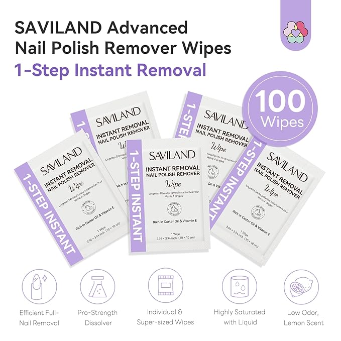 SAVILAND Advanced Nail Polish Remover Pads: 100 PCS Acetone Nail Polish Remover Wipes Super-sized 1-Step Instant Removal For Nails Pad Non-Irritant Individually Wrapped Pads For Salon Use