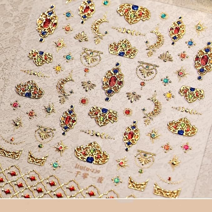 5D Embossed Nail Sticker Gold Metal Gem Moon Nail Art Sticker Self Adhesive Nail Decals Colorful Gems Nail Art for Women Girls Manicure Supplies DIY Nails Art Decorations