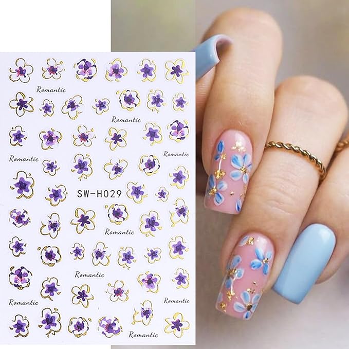 4 Sheets Pink Flower Nail Stickers, Gold Stamping Floral Nail Art Decals, 3D Self-Adhesive Nail Design Stickers for Women DIY Spring Season Purple Pink Flower Manicure Decoration Supplies