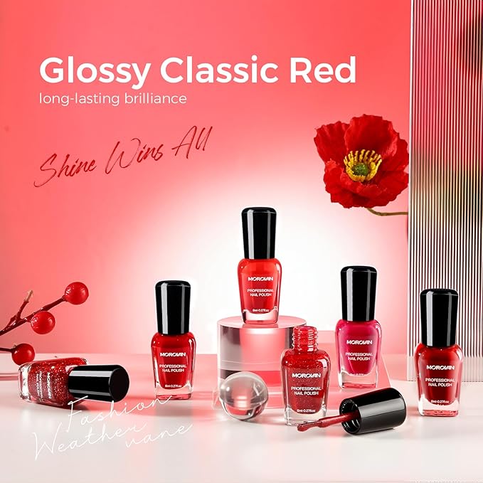 Morovan Red Nail Polish Set: Glitter Bright Burgundy Cherry Christmas Red Fingernail Polish Kit Shimmer Sparkle Air Quick Dry Nail Polish Pack for Nail Art Manicure Holiday Party Gift for Women Girls