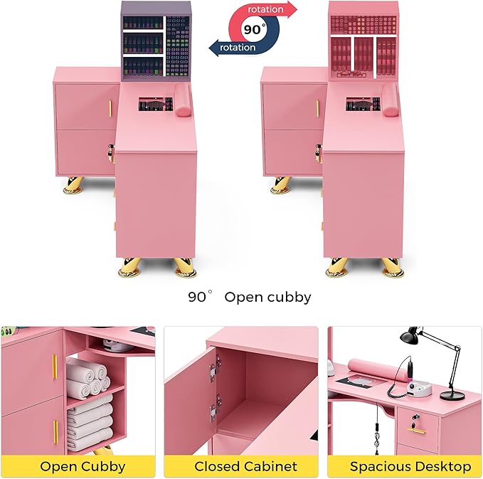 Manicure Table Nail Station w/Dust Collector - L-Shaped Nail Tech Table with Shelves, Storage Cabinets, Drawers, Metal Handles & Legs, Salon Wrist Rest, Beauty Salon Workstation Decor (Pink)