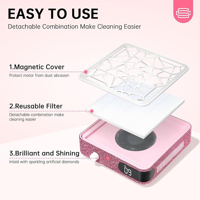 Nail Dust Collector, Cordless Dust Collector Nail Tech, Powerful Vacuum Fan Vent Dust Collector Extractor Dust Suction Machine for Acrylic Nails Polishing, Nail Salon, Pink Diamond