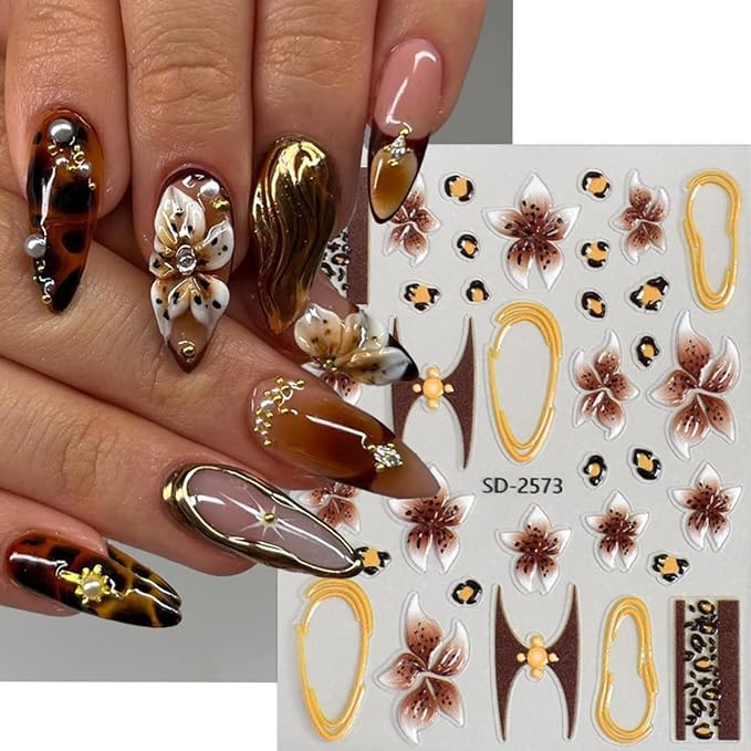 Flower Nail Art Stickers Maillard Leopard Print Nail Decals French Tips Nail Stickers for Nail Art Lily Floral Self Adhesive Relief Design Colorful Nail Sticker for Women DIY Salon Manicure 6 Sheets