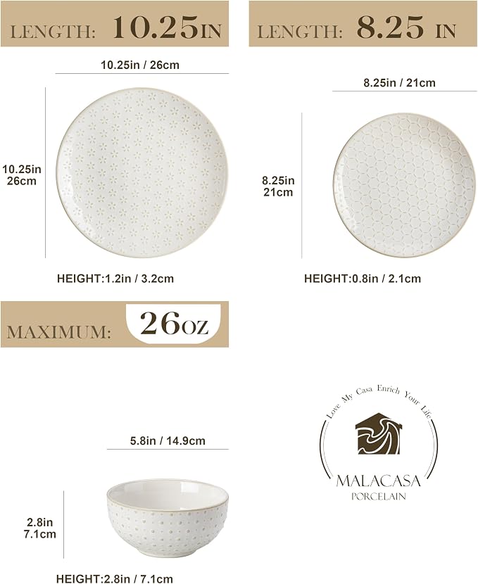 MALACASA 12 Pieces Dinnerware Sets, Farmhouse Plates and Bowls Sets, Embossed - Image 2
