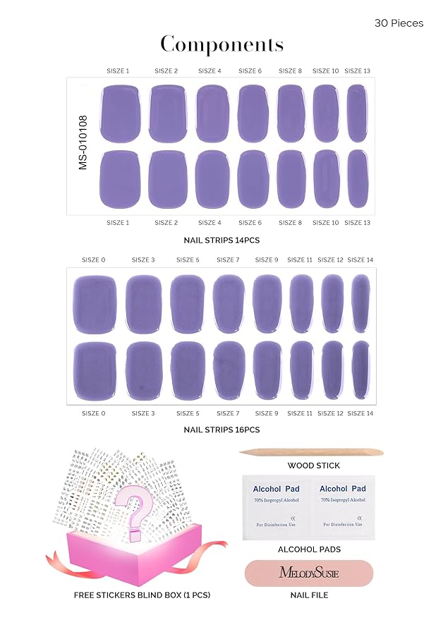 MelodySusie 30PCS Semi Cured Gel Nail Strips, Purple, Salon Quality, Long Lasting, Easy to Apply and Remove, Includes 2 Prep Pads, Nail File and Wooden Stick