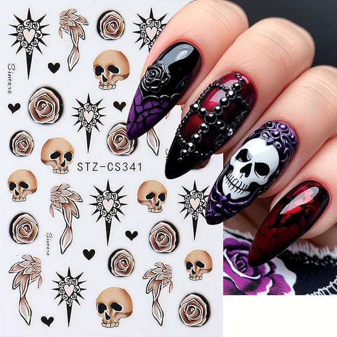 Halloween Nail Art Stickers, Cute Ghost Nail Art Decals 3D Self-Adhesive Spider Bat Pumpkin Stars Skull Spider Web Nail Design 8Pcs Halloween Nail Art Supplies for Women Nail Decoration
