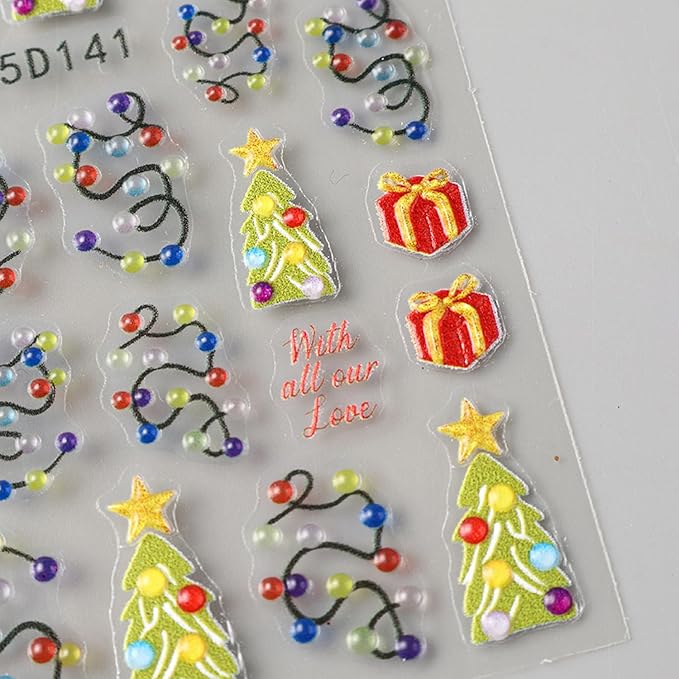 2pcs Christmas Nail Art Stickers 5D Embossed Colorful Christmas Light Strips & Green Christmas Tree Design Nail Adhesive Stickers Xmas Nail Decals Red Gift Sticker for Women DIY Manicure Decor Tips
