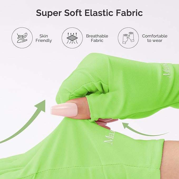 MelodySusie Premium UV Protection Gloves for Manicures, Cool Feeling Fabric,Professional UPF50+, UV Nail Gloves for Gel Nail Lamp, Anti UV Light, Skin Care Fingerless Design, Neon Green