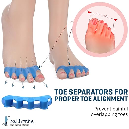 Ballotte Toe Separators, Silicone Toe Spacers for Bunions and Overlapping Hammer Toes, Athletic Tootsie Spacers for Running and Yoga, Foot Finger Splitters for Men & Women (Toe Seperators (Blue 6-Pack))