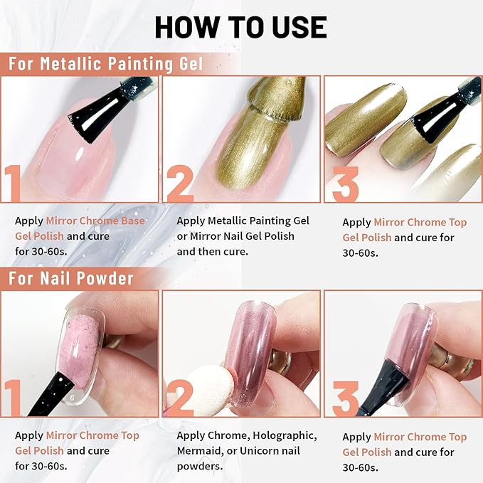 15ml Top Coat and Base Coat Set for Metallic Mirror Painting Gel, No Wipe Clear Top and Base Coat for Nail Polish, Chrome Nail Powder