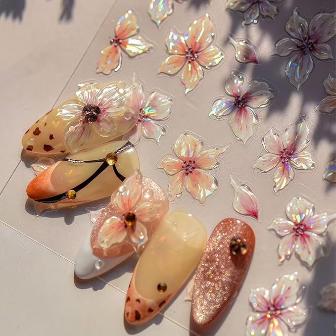 Lily Flower Nail Art Stickers 5D Embossed Jelly Five Petal Lily Flower Self-Adhesive Pegatinas Uñas Summer Colorful Hibiscus Floral Design Nails Decals for Women Spring Floral Manicure Decoration