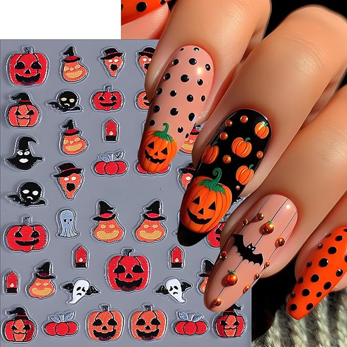 Halloween Nail Art Stickers, Cute Pumpkin Nail Art Decals 3D Self-Adhesive with Bat Skull Spider Web Cat Ghost Nail Design 4Pcs Halloween Nail Art Supplies for Women Nail Decoration