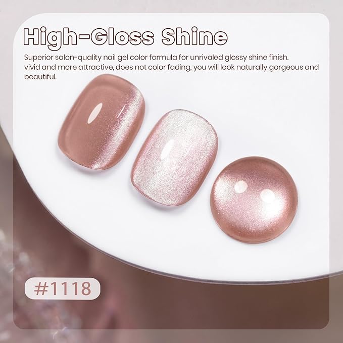 RARJSM Nude Mavue Rose Pink Cat Eye Gel Nail Polish Magnetic Sparkle Silver Ceramic Diamond Shimmer Translucent Sheer Cateye Gel Polish 15ml UV LED Curing Requires Soak Off Home Salon Manicure
