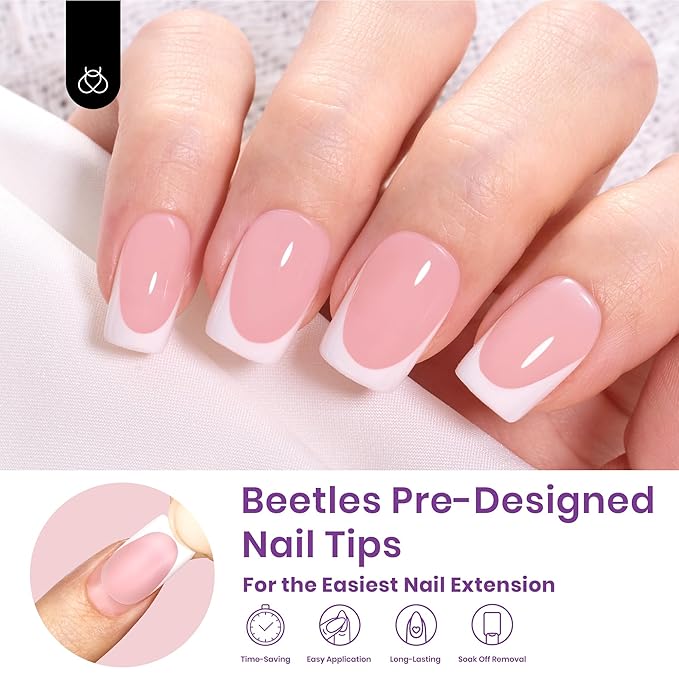 Beetles X Press Plus French Tip Nails - Camellia French | Pink Short Square Press On Nails | 16 Sizes 224 Pcs Natural Salon Quality Gel Nail Tips