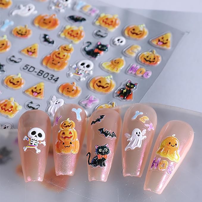 3 Sheets Halloween Nail Art Stickers Ghost Spider and Pumpkin Nail Stickers Cute Nail Decals for Nails Art 3D Self-Adhesive Nail Art Supplies for Women Girls
