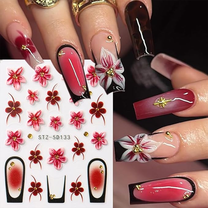 3Pcs Summer Flower Nail Art Stickers Decals 5D French Tip Nail Stickers Floral Nail Decals Colorful Flowers Nail Design Stickers Spring Cherry Blossom Nails Supplies for Women DIY Manicure Decor