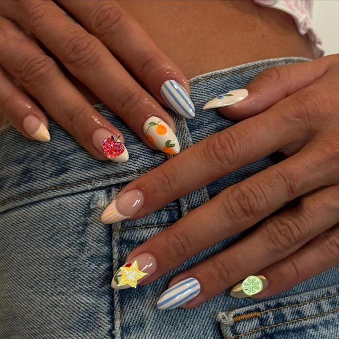 Summer Fruit Nail Art Stickers, 2 Sheets, 5D Embossed Self-Adhesive Decals with Strawberry, Grape, Lemon, Apple, Cherry Design for DIY Nail Decoration