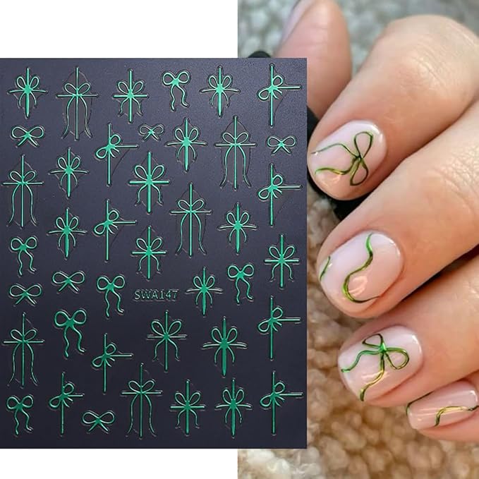 Christmas Nail Art Stickers Decals Christmas Gift Bow Nail Decals 6PCS Golden Green Red Ribbon 3D Self-Adhesive Nail Designs Holiday Nail Stickers Manicure Supply for Women DIY Nail Art Decorations