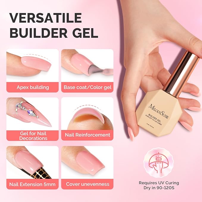 MelodySusie Builder Gel Nail Set for Nails Thickening,6 Colors 15ML Nude Pink Base Colors Clear Rubber Base Gel Polish,Soak Off UV Extension,Rhinestone Nail Glue in a Bottle Gift for Women