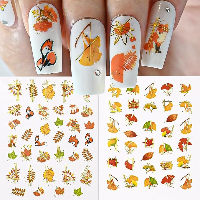 6 Sheets Fall Maple Leaf Nail Art Stickers 3D Self-Adhesive Glitter Gold Gilding Line Nail Design Stickers Cute Fox Pumpkin Nail Decals Thanksgiving Nail Art Decorations for Women Acrylic Manicure DIY