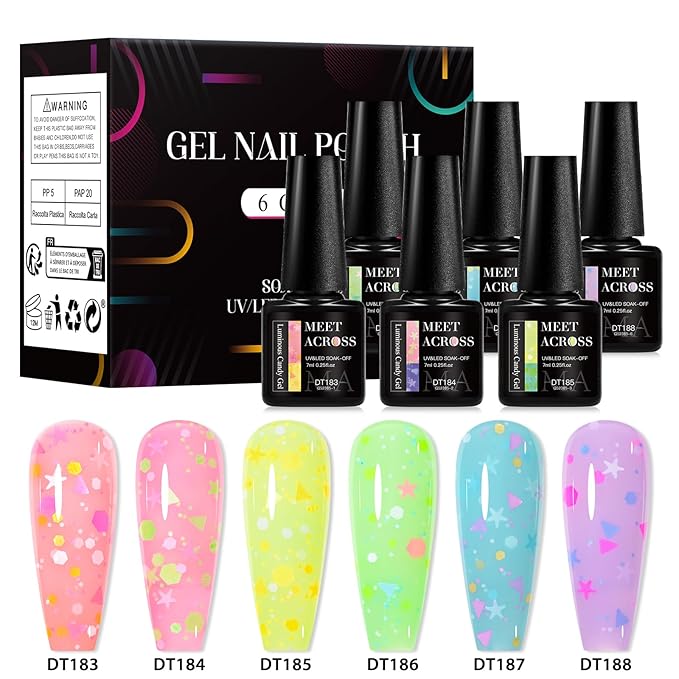 MEET ACROSS Candy Glow in the Dark Gel Nail Polish Set, 6 Colors Luminous Light Pink Yellow Purple Glow Effect Nail Polish with Sequins Soak off UV LED Cured for Home Salon DIY Manicure
