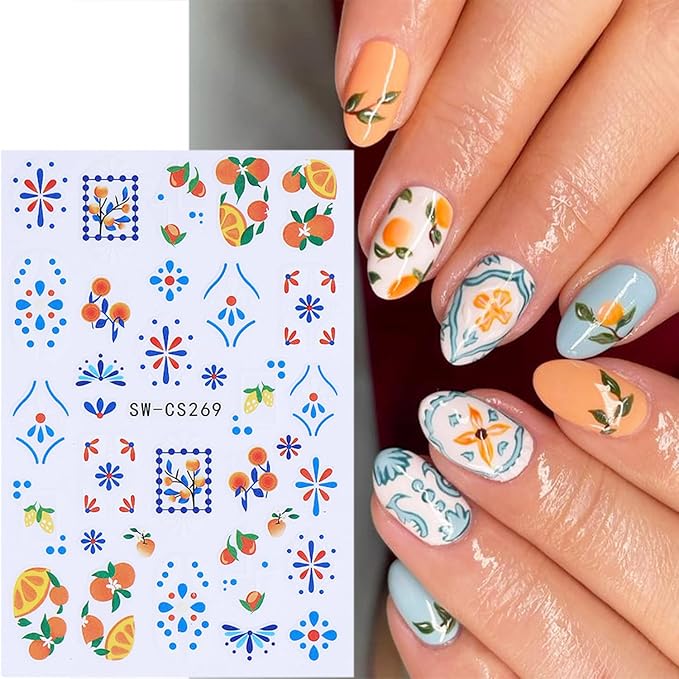 6 Sheets Autumn Fruit Nail Decals for Nail Art 3D Self-Adhesive Orange Lemon Nail Art Stickers Bohemian Style French Tip Nail Stickers Fall Flower Nail Supplies for Women Acrylic Nails Decoration