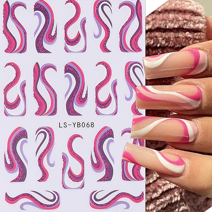 6Sheets Color French Nail Art Stickers 3D Self-Adhesive French Tip Line Nail Decals Colorful Geometric Curve Stripe Nail Stickers French Nail Tips Guides Nail Art Supplies for Women DIY Manicure Charm