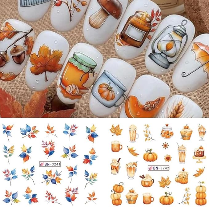 Fall Thanksgiving Nail Art Stickers Decals Autumn Maple Leaf Water Transfer Nail Foils Supplies Fall Pumpkin Squirrel Fox Mushroom Designer Nail Decals for Nail Art Thanksgiving Nail Art Decoration