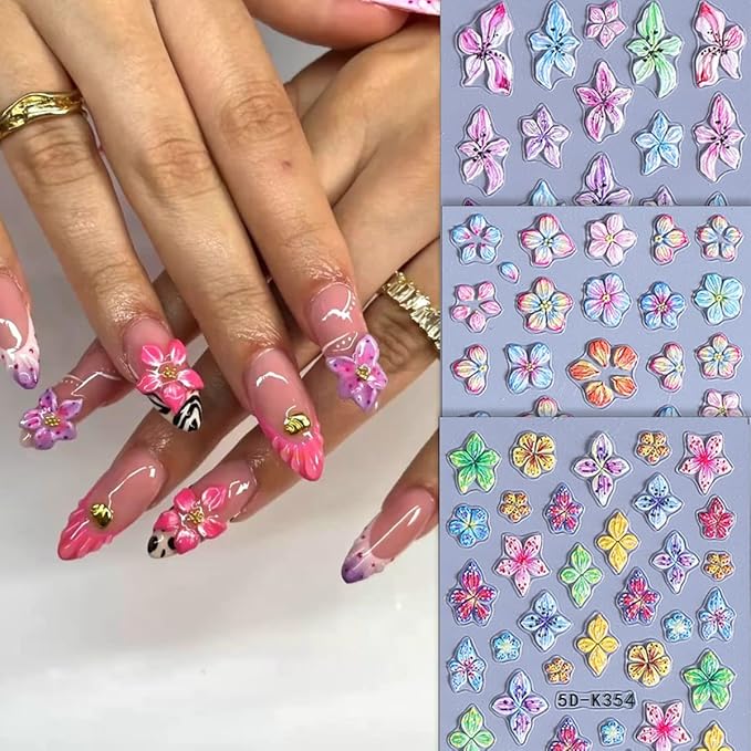 3 Sheets Colorful Flower Nail Stickers, Summer Embossed Lily Nail Decals, 5D Self-Adhesive Nail Design Stickers for Daily Festival DIY Spring Summer Floral Manicure Decoration Supplies