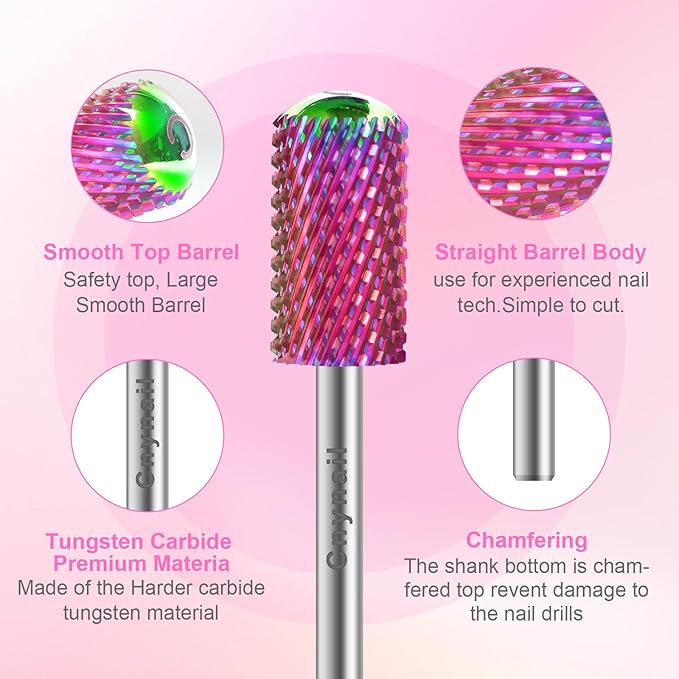 3/32" 2PCS Large Barrel Smooth Round Top Tungsten Carbide Nail Drill Bit Safety Bit for Gel & Acrylic Removal, 2-Way Rotating Efile Tip, Salon Electric File Accessory (C Grit, Multicolor)