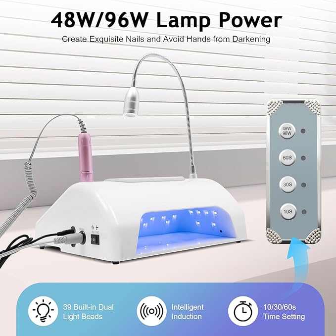 5 in 1 Nail Dust Collector 40W Nail Vacuum Dust Collector Extractor Professional 30000rpm Electric Nail Drill Machine With 48W/96W UV LED Nail Lamp Nail Art Tool With LED Light