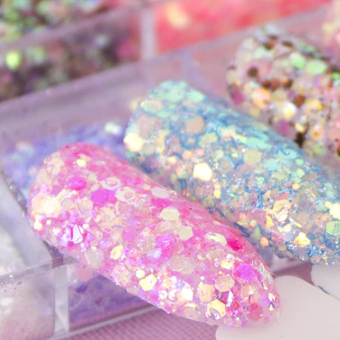 Colorful Glitter Nail Art Sequins, 12 Colors Iridescent Nail Flakes Decorations, Holographic Ultra-Thin Hexagon Powder Nail Art Design for Women Girls Manicure Sparkly Acrylic Supplies, Nail Art Tips