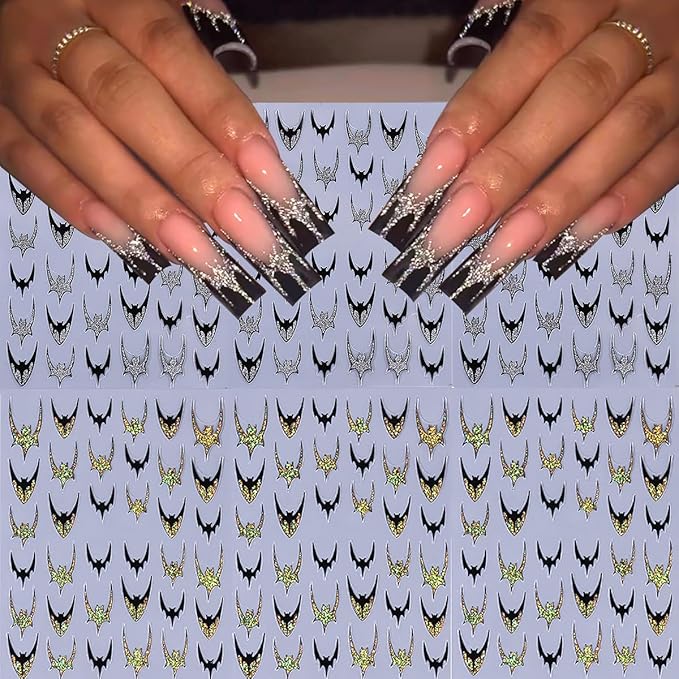 6 Sheets Halloween Bat Nail Stickers for Nail Art 3D Self Adhesive Gothic Bat Nail Decals with Exquisite Gold Silver Glitter French Nail Designs Stickers Holiday Decoration Nails Supply for Women DIY