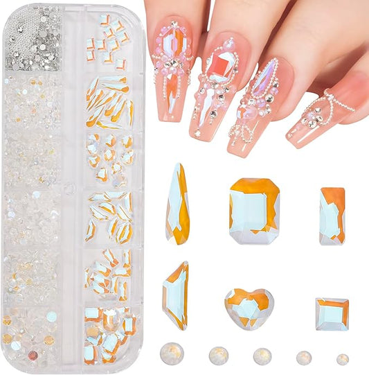 Multi Shapes Aurora 3D Glass Crystal Nail Rhinestones Kit Mix 0.8mm Silver Nail Round Beads Charm Flatback Gems 5 Grids Flatback Rhinestones Stone Diamond for Manicure Makeup DIY Decoration