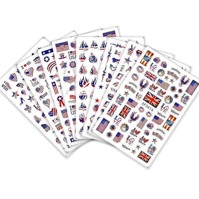 8 Sheet 4th of July Nails Art Stickers American Independence Day Nail Stickers 3D Self-Adhesive Nail Decals Heart Balloon Design American Flag Nails Supplies for Women Manicure